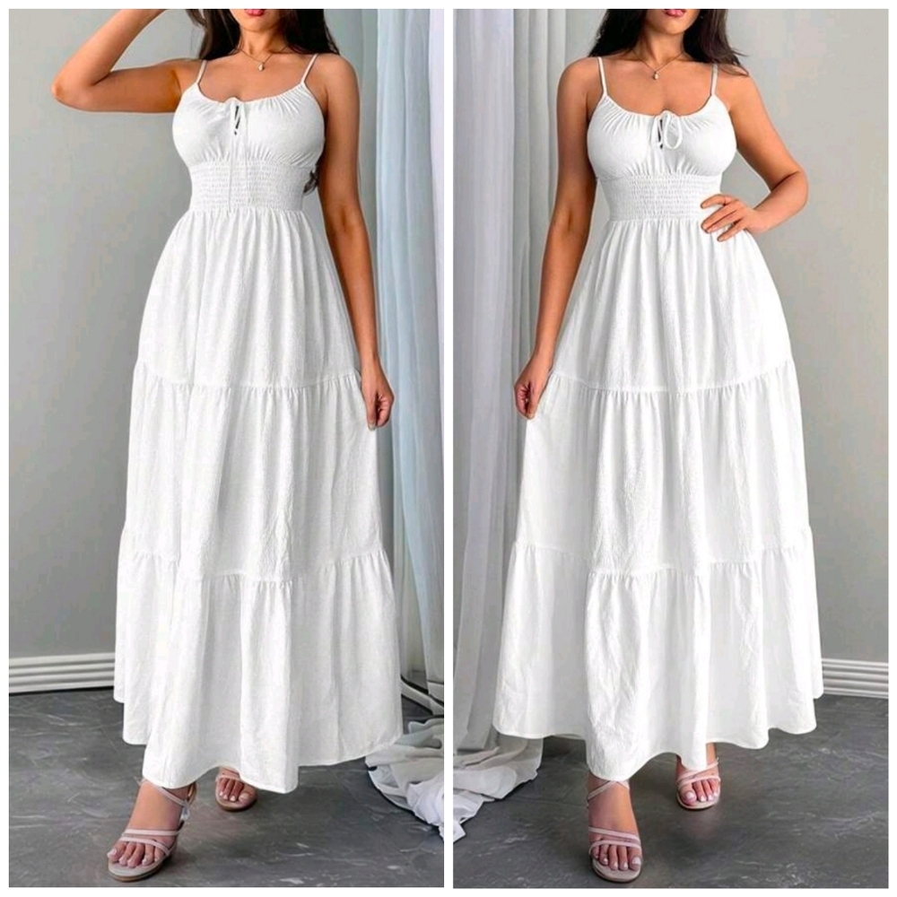 New Tie Ruched Bust Smocked Waist Tired Long Midi Dress White